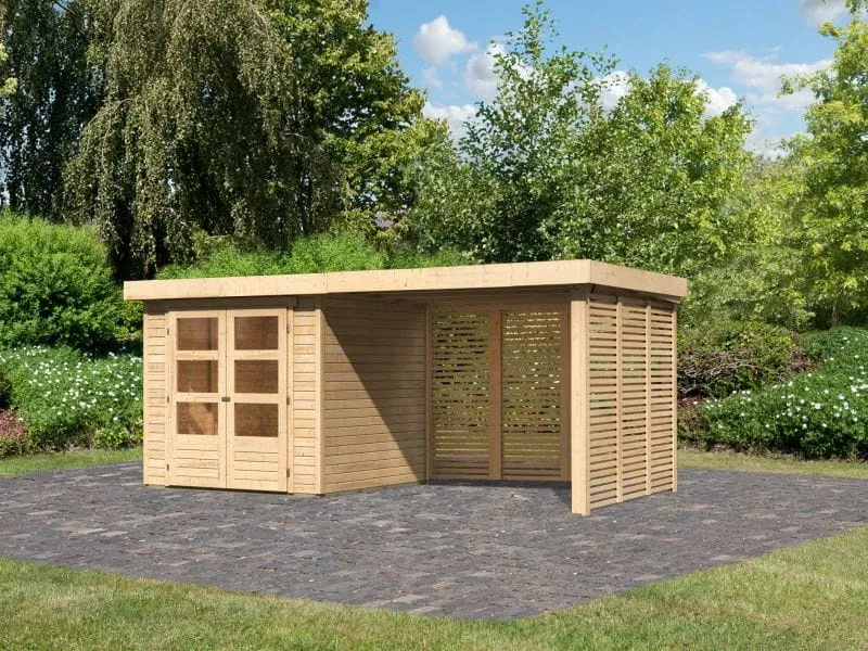 Karibu Gartenhaus Askola 2 mit Anbaudach 2,8 m und Seiten- und Rückwand in Lamellenoptik