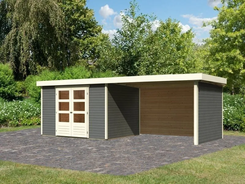Karibu Gartenhaus Askola 5 mit Anbaudach 2,8 Meter, Seiten- und Rückwand, terragrau