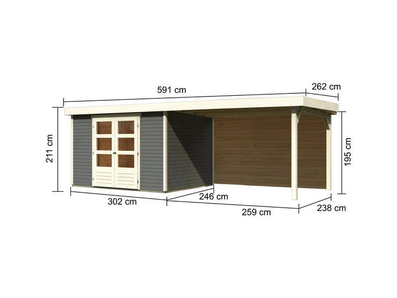 Karibu Gartenhaus Askola 5 mit Anbaudach 2,8 m, Rückwand in terragrau