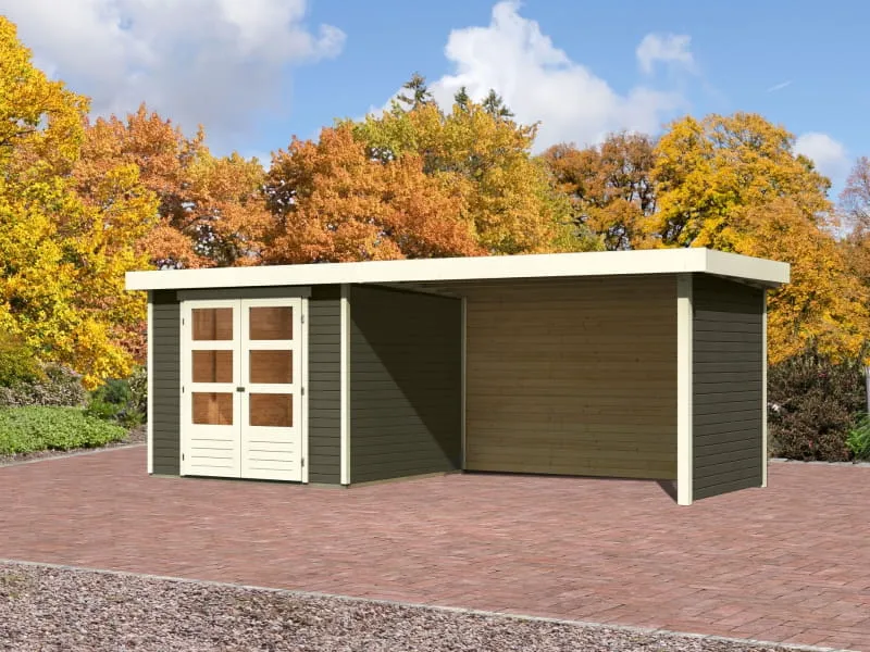 Karibu Gartenhaus Askola 3,5 mit Anbaudach 2,8 Meter, Seiten- und Rückwand in terragrau