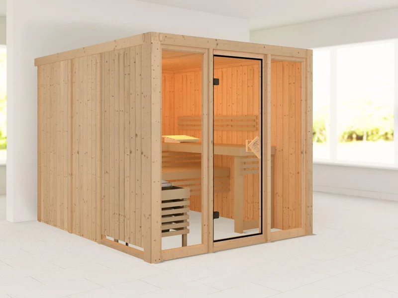Karibu Sauna Askja 68 mm, inkl. 9 kW Bioofen ext. Steuerung Wifi HUUM - ohne Dachkranz -