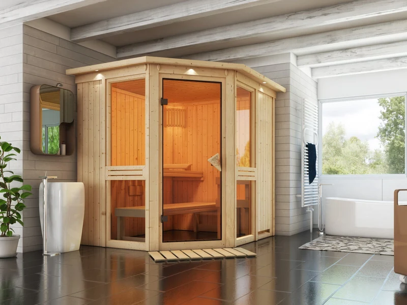 Amelia 1 - Karibu Sauna, inkl. 9 kW Bioofen ext. Steuerung Wifi HUUM - mit Dachkranz -