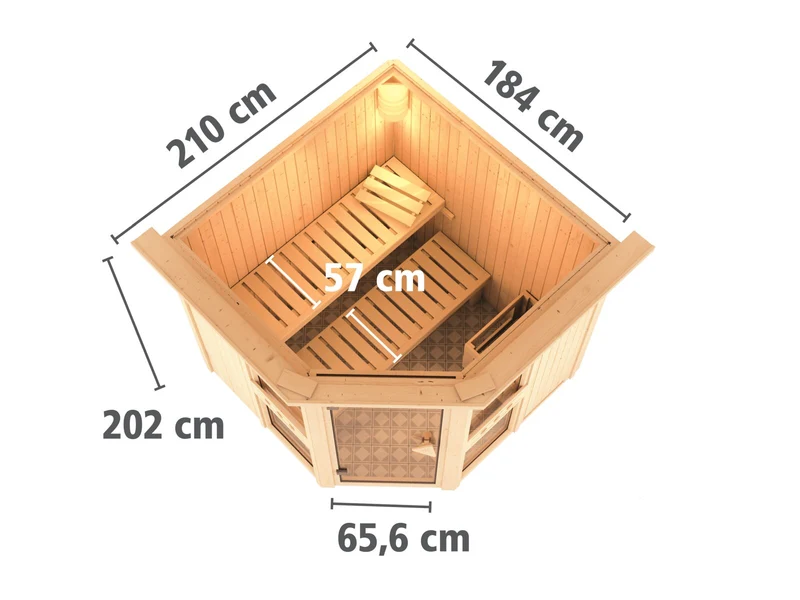 Amelia 1 - Karibu Sauna, inkl. 9 kW Ofen ext. Steuerung Wifi HUUM - mit Dachkranz -