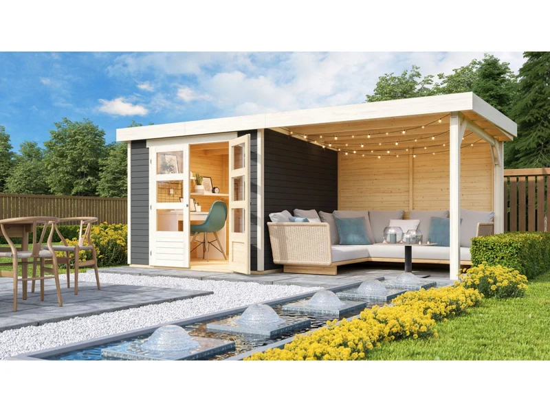 Karibu Gartenhaus Askola 3,5 mit Anbaudach 2,8 m, Rückwand in terragrau