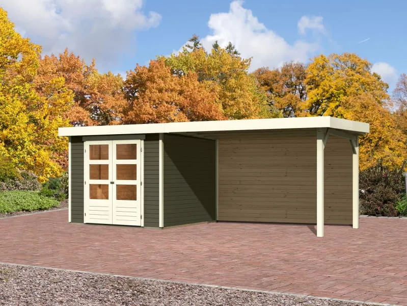 Karibu Gartenhaus Askola 3,5 mit Anbaudach 2,8 m, Rückwand in terragrau