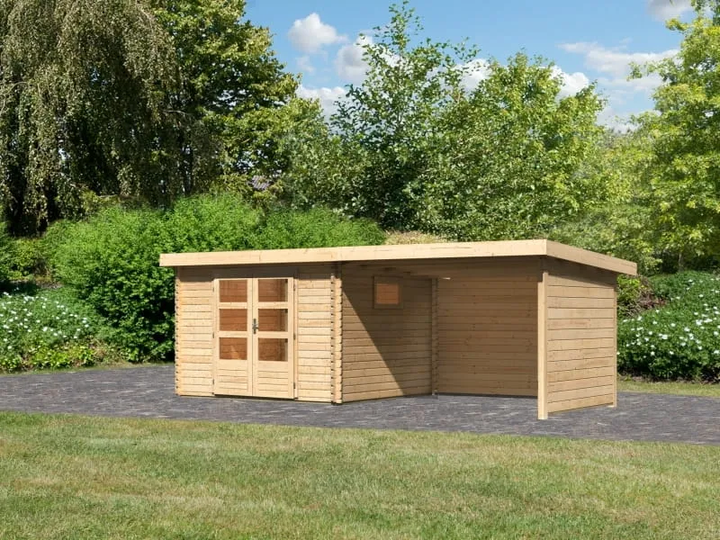 Karibu Gartenhaus Trittau 3 natur mit Anbaudach 3,3 m inkl. Rück- und Seitenwand
