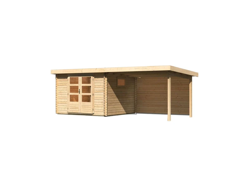 Karibu Gartenhaus Trittau 3 natur mit Anbaudach 3,3 m inkl. Rückwand