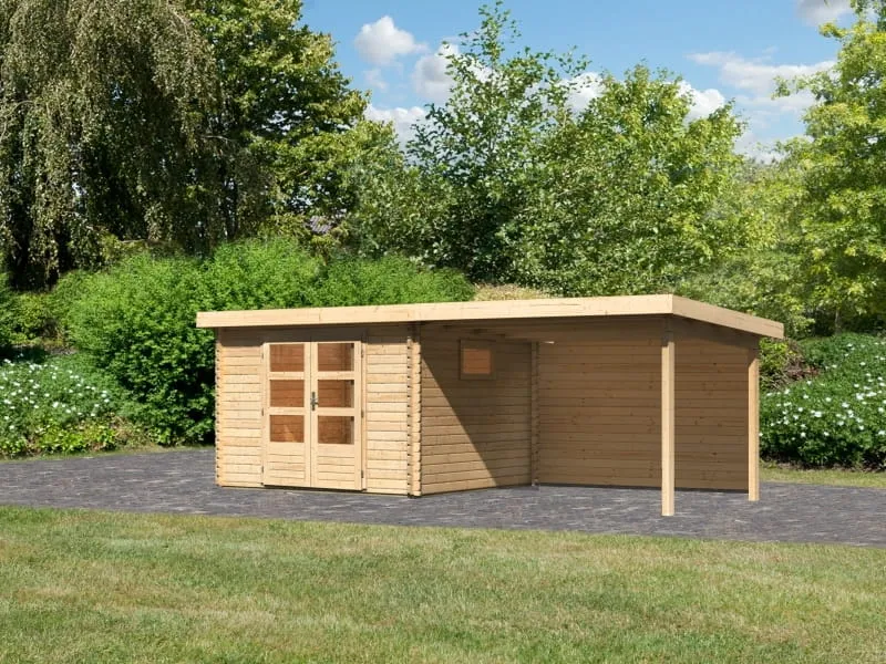 Karibu Gartenhaus Trittau 3 natur mit Anbaudach 3,3 m inkl. Rückwand