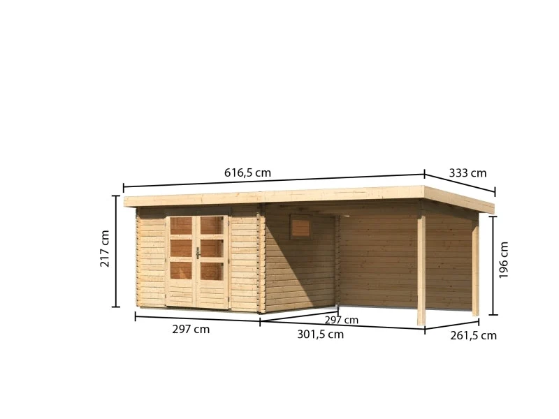 Karibu Gartenhaus Trittau 3 natur mit Anbaudach 3,3 m inkl. Rückwand