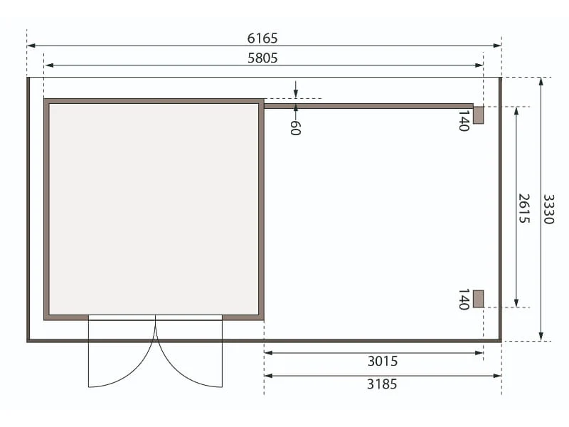 Karibu Gartenhaus Trittau 3 natur mit Anbaudach 3,3 m inkl. Rückwand