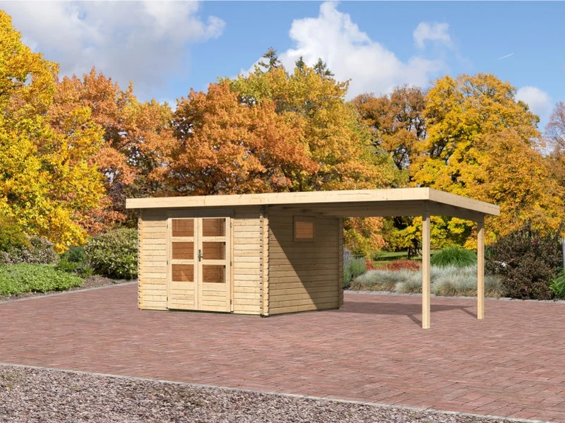 Karibu Gartenhaus Trittau 3 natur mit Anbaudach 3,3 m