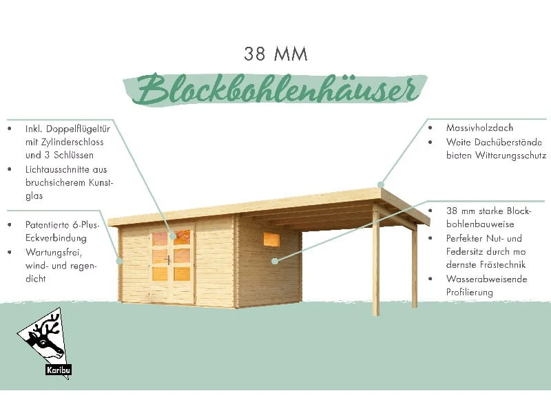 Karibu Gartenhaus Trittau 3 natur mit Anbaudach 3,3 m