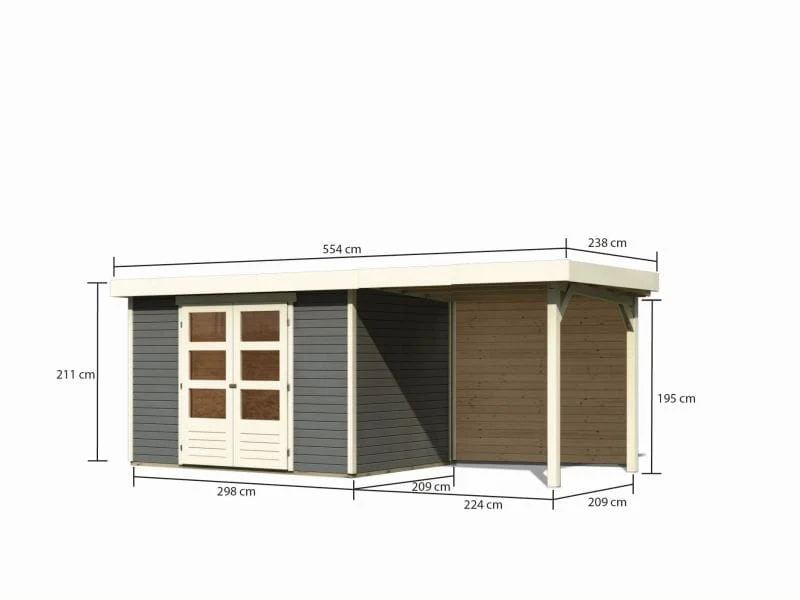 Karibu Gartenhaus Askola 4 mit Anbaudach 2,4 Meter, Rückwand, terragrau