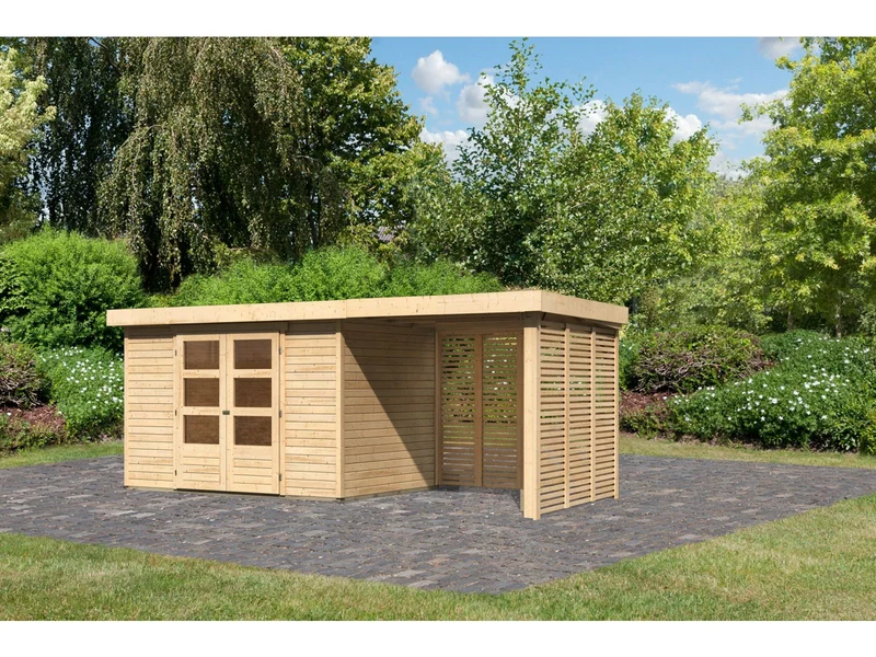 Karibu Gartenhaus Askola 4 mit Anbaudach 2,4 m, Lamellenwände
