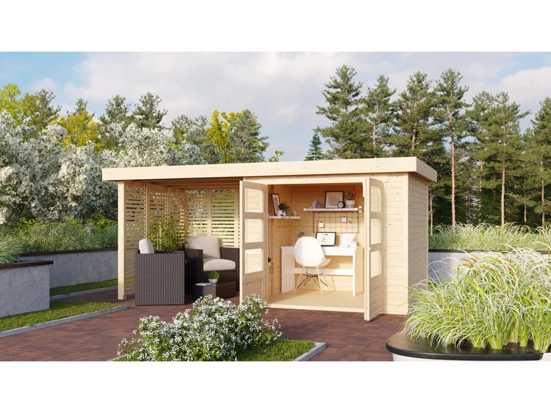 Karibu Gartenhaus Askola 3 mit Anbaudach 2,4 m mit Lamellenwänden