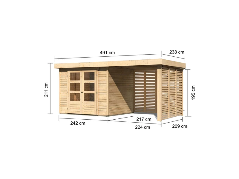 Karibu Gartenhaus Askola 3 mit Anbaudach 2,4 m mit Lamellenwänden