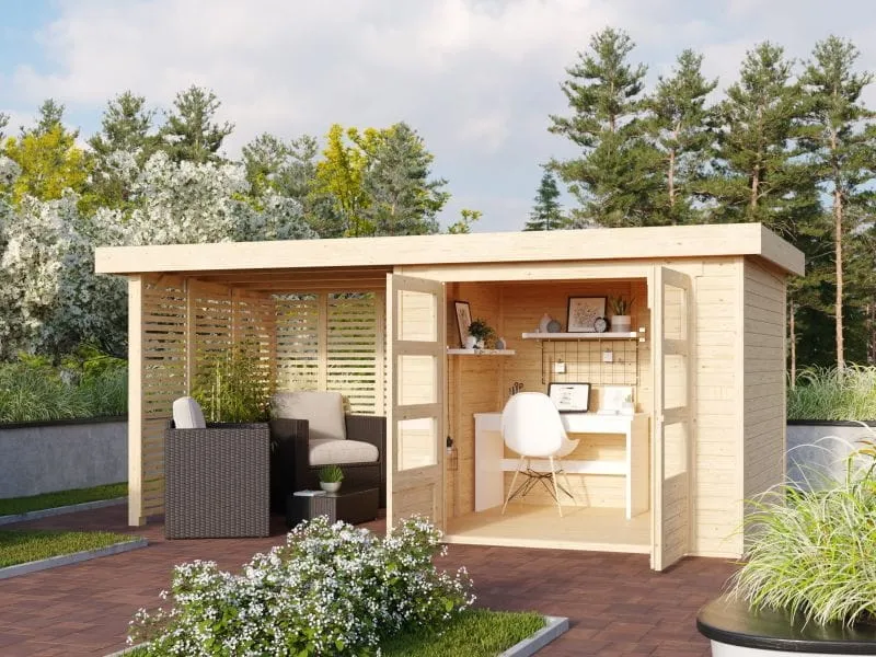 Karibu Gartenhaus Askola 3 mit Anbaudach 2,4 m mit Lamellenwänden