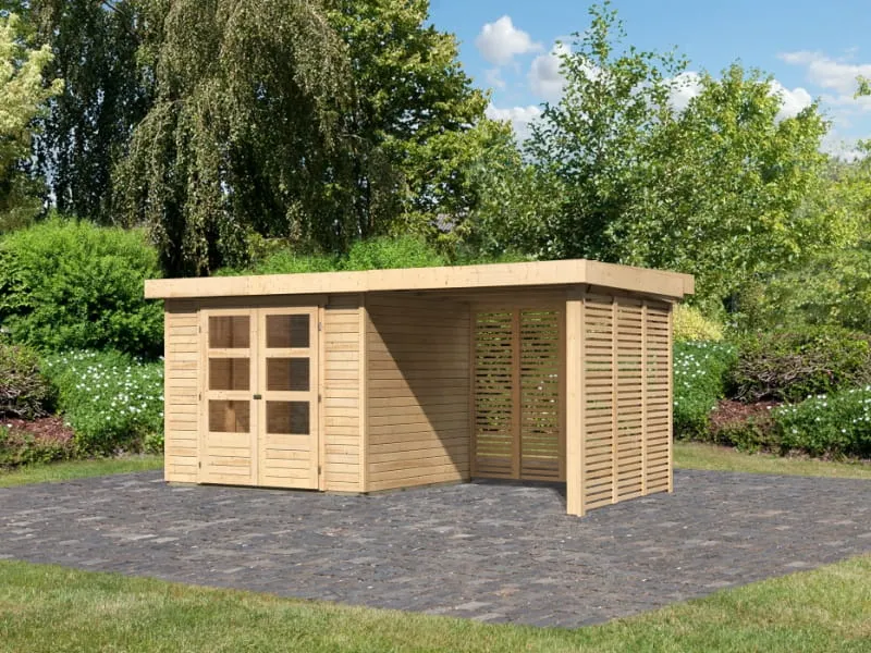 Karibu Gartenhaus Askola 3 mit Anbaudach 2,4 m mit Lamellenwänden