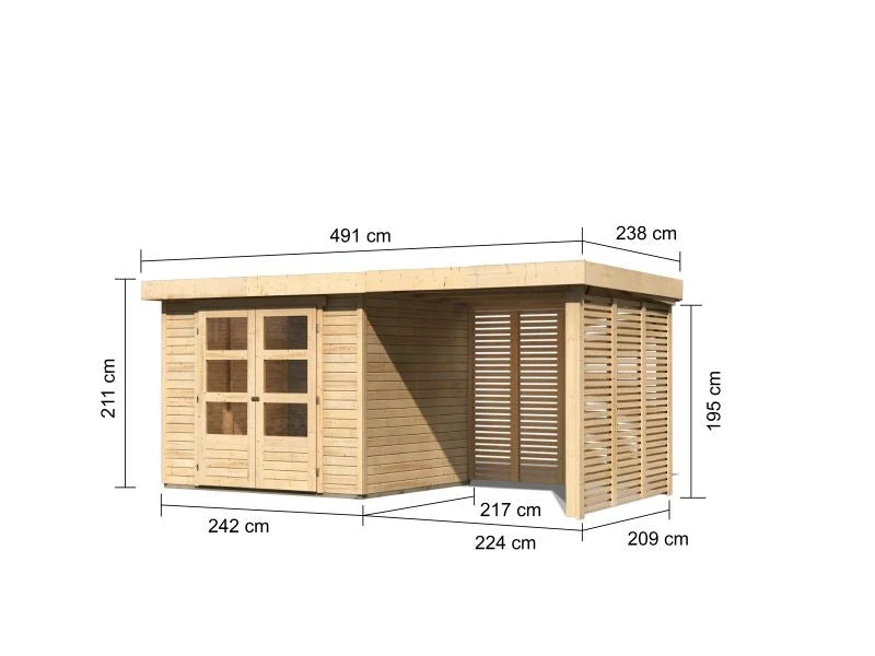 Karibu Gartenhaus Askola 3 mit Anbaudach 2,4 m mit Lamellenwänden