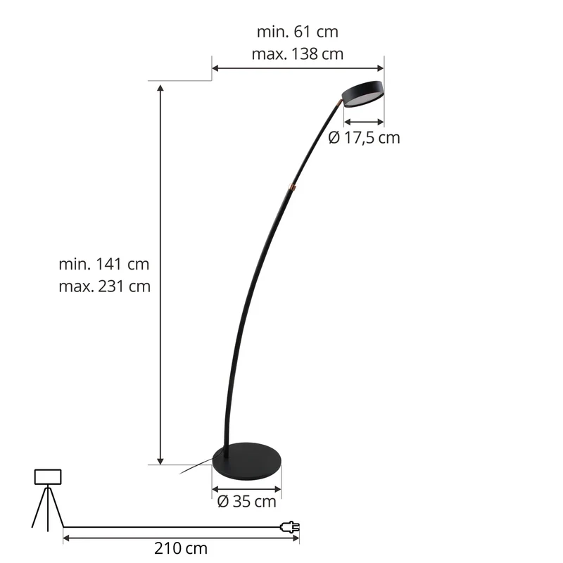 B-Ware Lucande Bogenleuchte Stehlampe LED schwarz Metall dimmbar Schalter Kabel