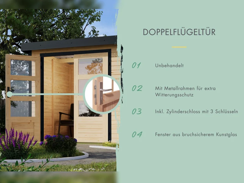 Karibu Hybrid Gartenhaus Pluto 1 A, naturbelassen/anthrazit, 28 mm, inkl. Anbaudach ca. 2,33m