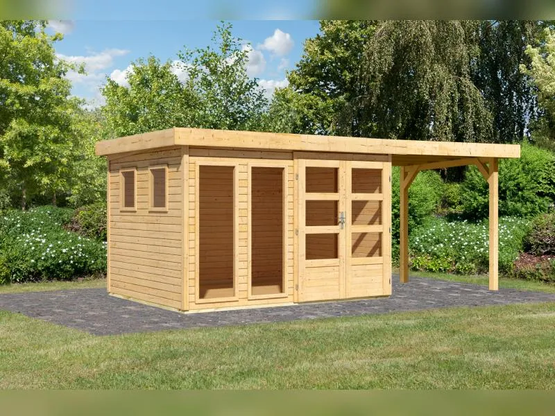 Karibu Gartenhaus Lahar 5, natur, inkl. Anbaudach 2,40 m Breite