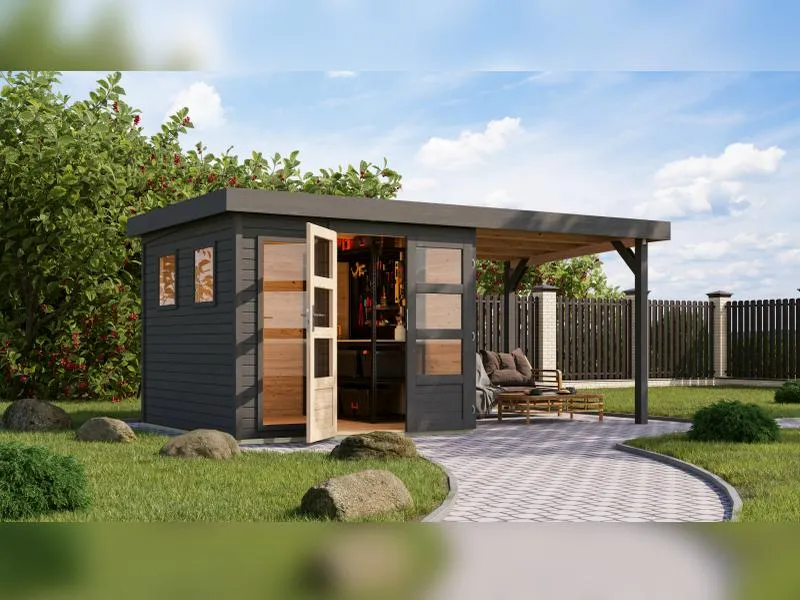 Karibu Gartenhaus Lahar 3,5, terragrau komplett, inkl. Anbaudach 2,40 m Breite