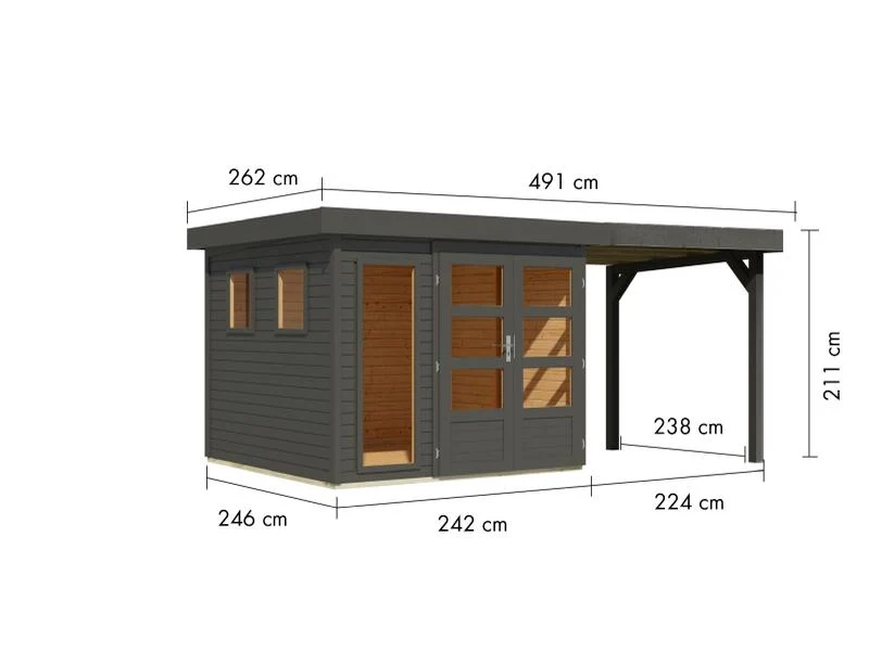 Karibu Gartenhaus Lahar 3,5, terragrau komplett, inkl. Anbaudach 2,40 m Breite