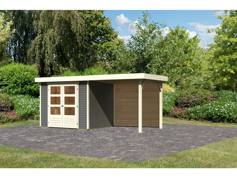 Karibu Gartenhaus Askola 3 mit Anbaudach 2,4 m, Rückwand, terragrau