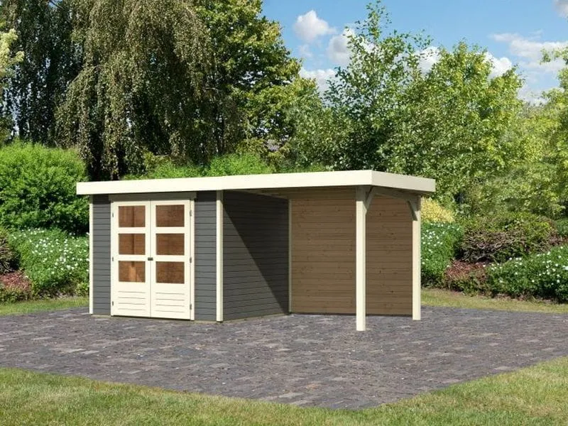 Karibu Gartenhaus Askola 3 mit Anbaudach 2,4 m, Rückwand, terragrau