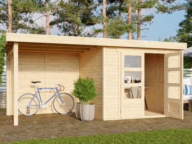 Karibu Gartenhaus Askola 3 mit Anbaudach 2,4 m, Rückwand