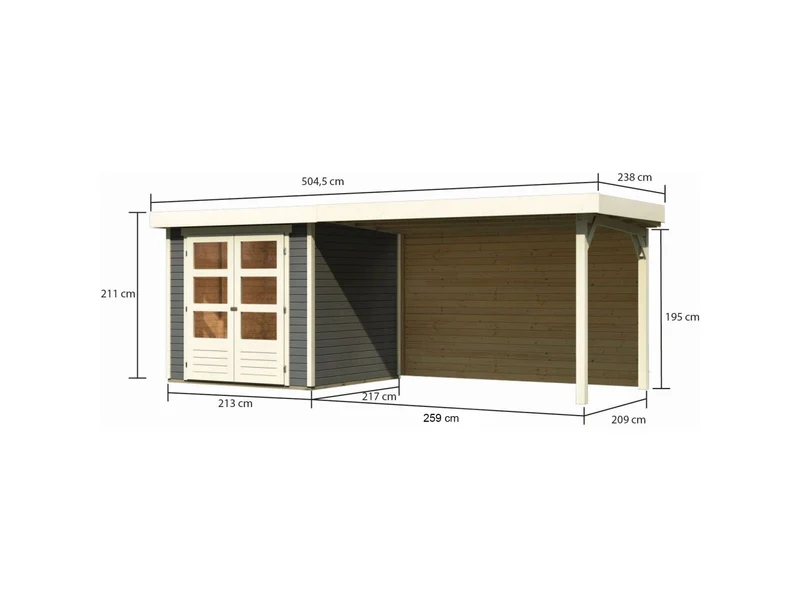 Karibu Gartenhaus Askola 2 mit Anbaudach 2,8 m und Rückwand in terragrau