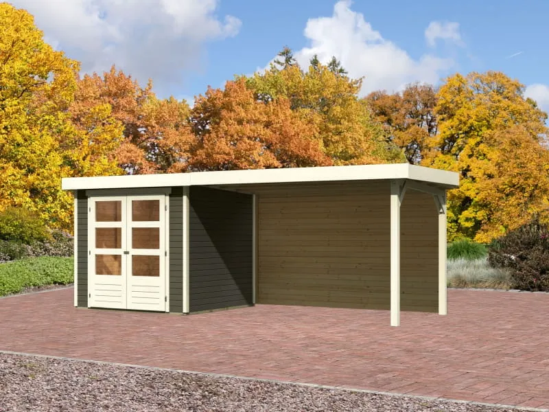 Karibu Gartenhaus Askola 2 mit Anbaudach 2,8 m und Rückwand in terragrau