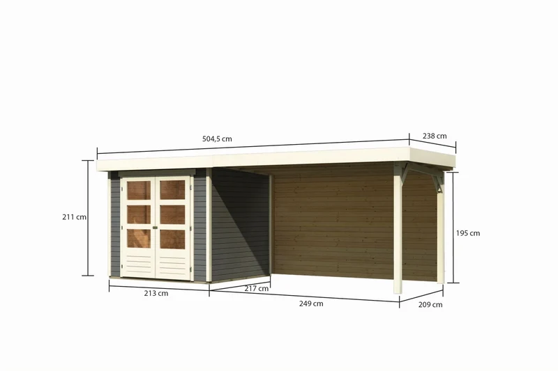 Karibu Gartenhaus Askola 2 mit Anbaudach 2,8 m und Rückwand in terragrau