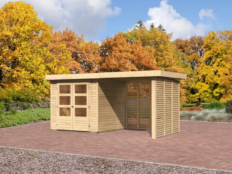 Karibu Gartenhaus Askola 2 inkl. 2,4 m Anbaudach mit Lamellenwänden