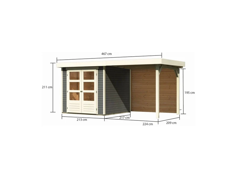 Karibu Gartenhaus Askola 2 mit Anbaudach 2,40 m, Rückwand terragrau