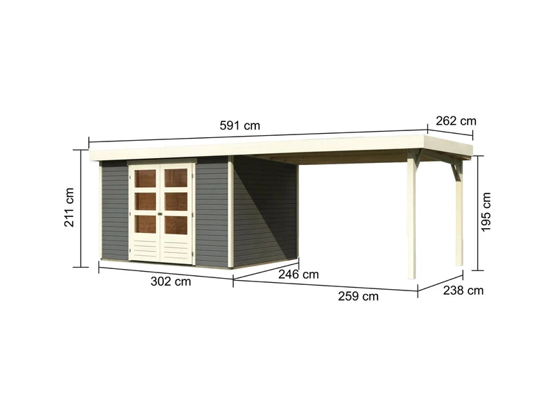 Karibu Gartenhaus Askola 5 mit Anbaudach 2,8 m in terragrau