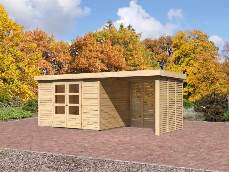 Karibu Gartenhaus Askola 5 mit Anbaudach 2,4 m, Lamellenwänden