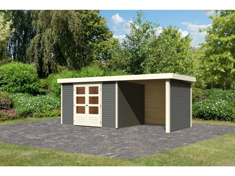 Karibu Gartenhaus Askola 5 mit Anbaudach 2,4 Meter, Seiten- und Rückwand in terragrau