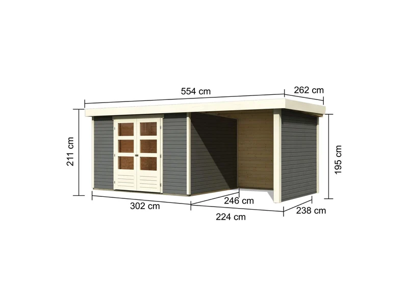 Karibu Gartenhaus Askola 5 mit Anbaudach 2,4 Meter, Seiten- und Rückwand in terragrau