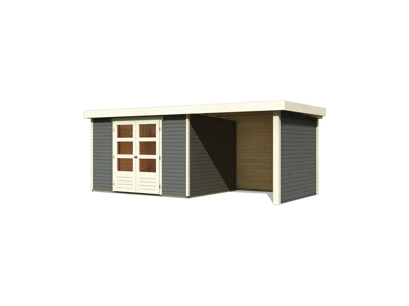 Karibu Gartenhaus Askola 5 mit Anbaudach 2,4 Meter, Seiten- und Rückwand in terragrau