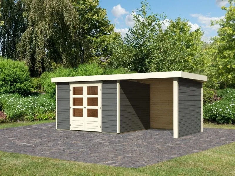 Karibu Gartenhaus Askola 5 mit Anbaudach 2,4 Meter, Seiten- und Rückwand in terragrau