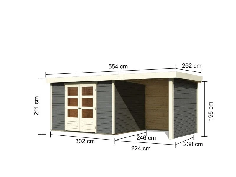 Karibu Gartenhaus Askola 5 mit Anbaudach 2,4 Meter, Seiten- und Rückwand in terragrau