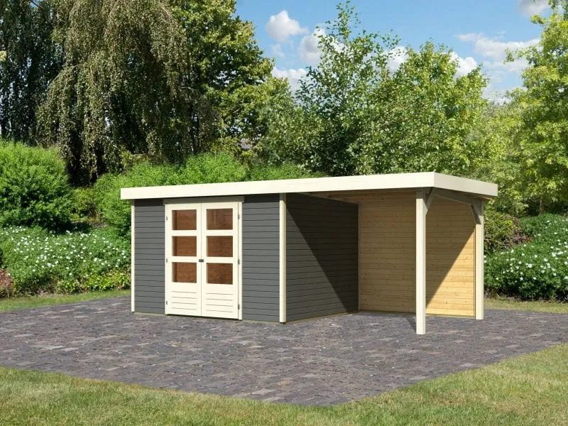 Karibu Gartenhaus Askola 5 mit Anbaudach 2,4 m, Rückwand in terragrau