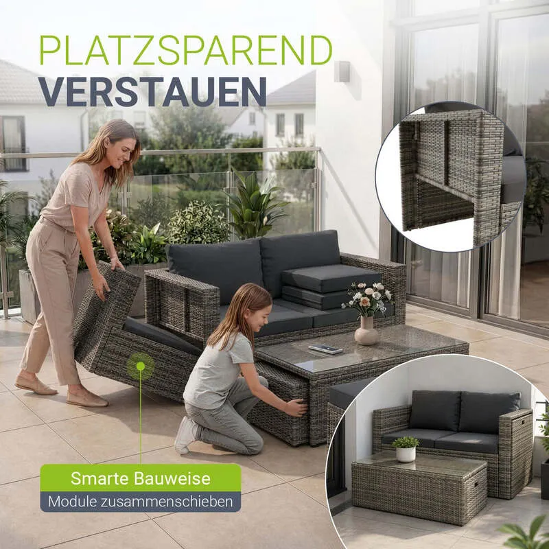 B-Ware Polyrattan Lounge Salou Gartenmöbel Set für 6 Personen wetterfest Polster grau