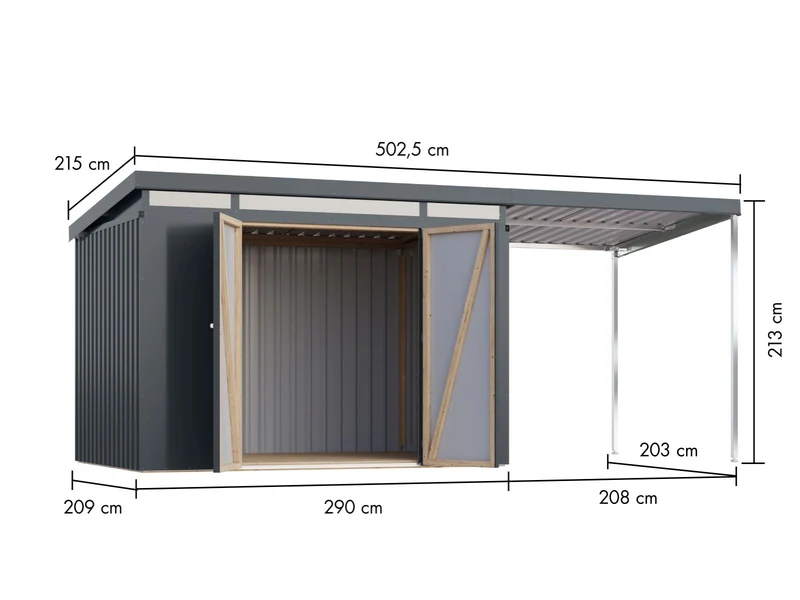 Karibu Metallgerätehaus Iridium 3 in Anthrazit, inkl. Anbaudach 2m