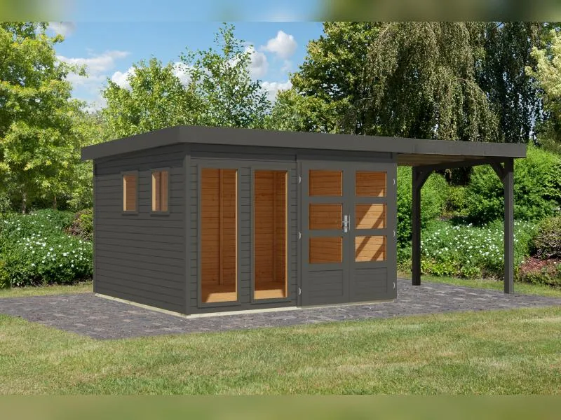 Karibu Gartenhaus Lahar 6, terragrau komplett, inkl. Anbaudach 2,40 m Breite