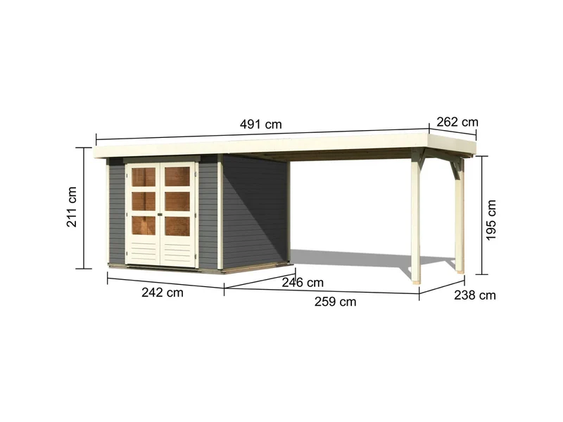 Karibu Gartenhaus Askola 3,5 mit Anbaudach 2,8 m in terragrau