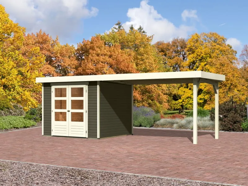 Karibu Gartenhaus Askola 3,5 mit Anbaudach 2,8 m in terragrau