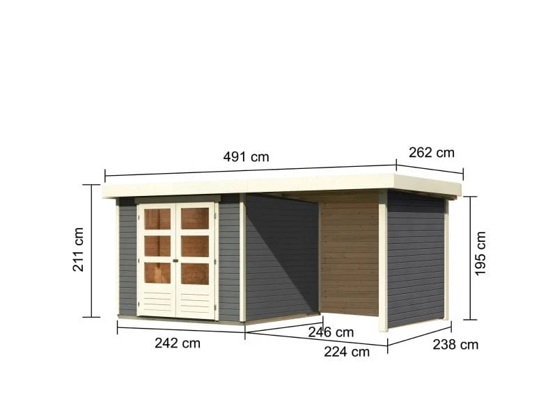 Karibu Gartenhaus Askola 3,5 mit Anbaudach 2,25 Meter, Seiten- und Rückwand in terragrau